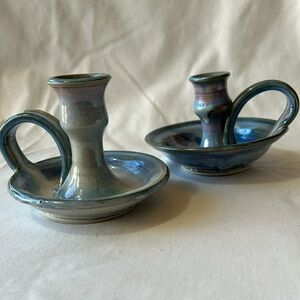Pair Pottery Candle Holders  with Handles Drip Glaze
